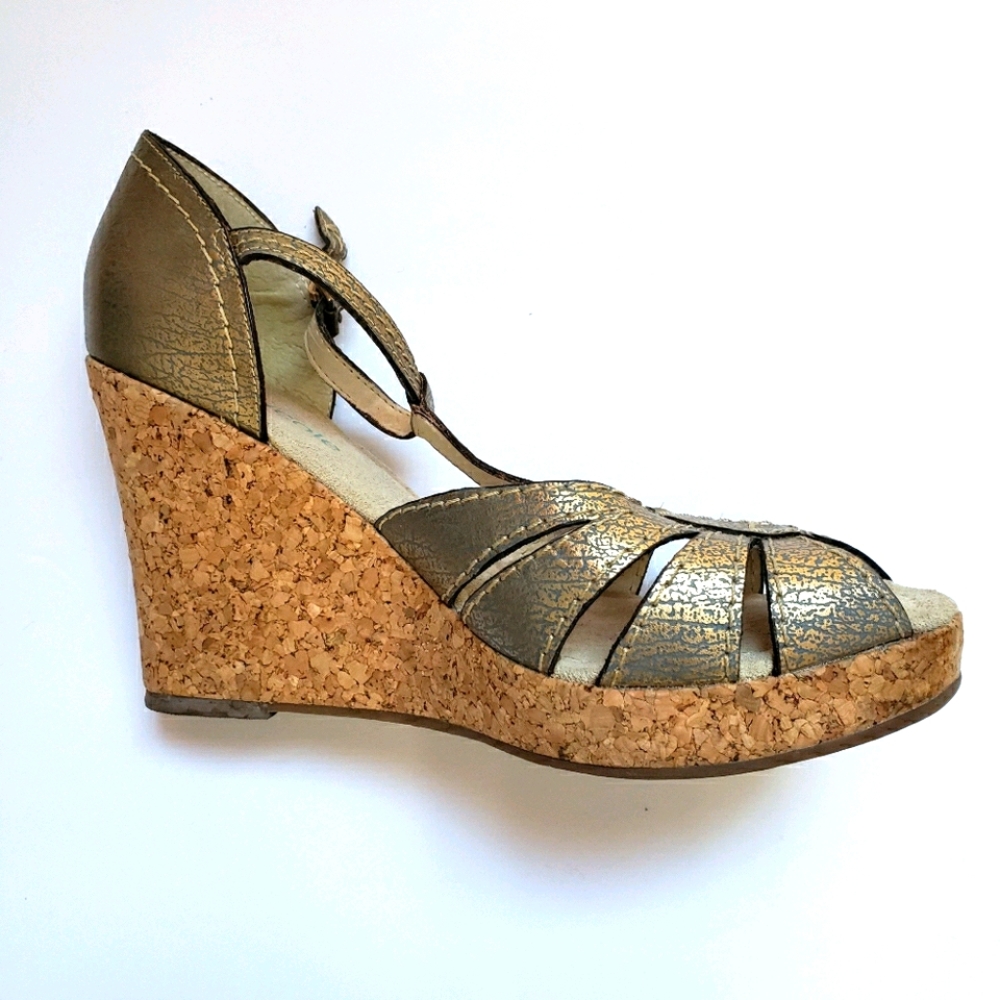 Nicole/ Gold Sandal with Full Cork Wedge Heel